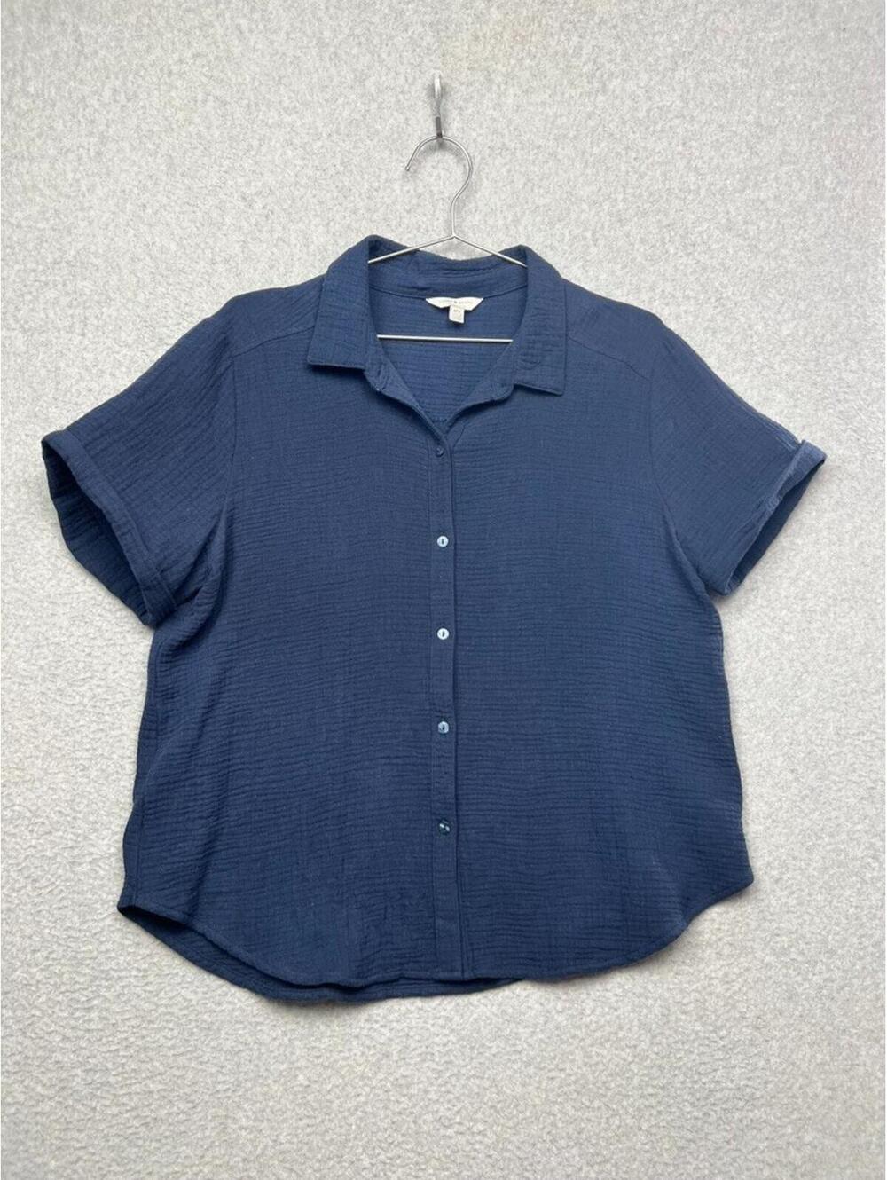 Lucky Brand Gauze Knit Navy Soft Button Up Blouse Womens M Minimalist neutral